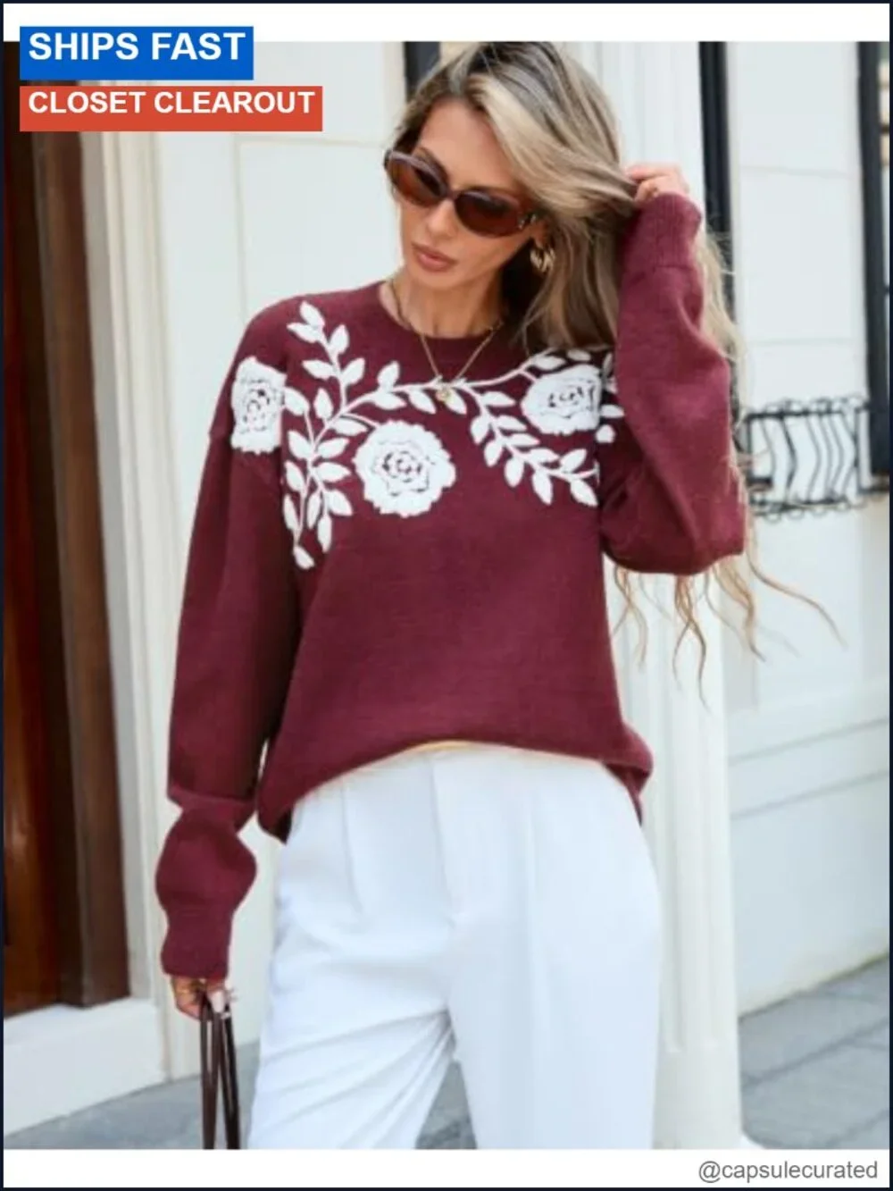 Womens Crew Neck Floral Embroidery Sweater Long Sleeve Knit Top